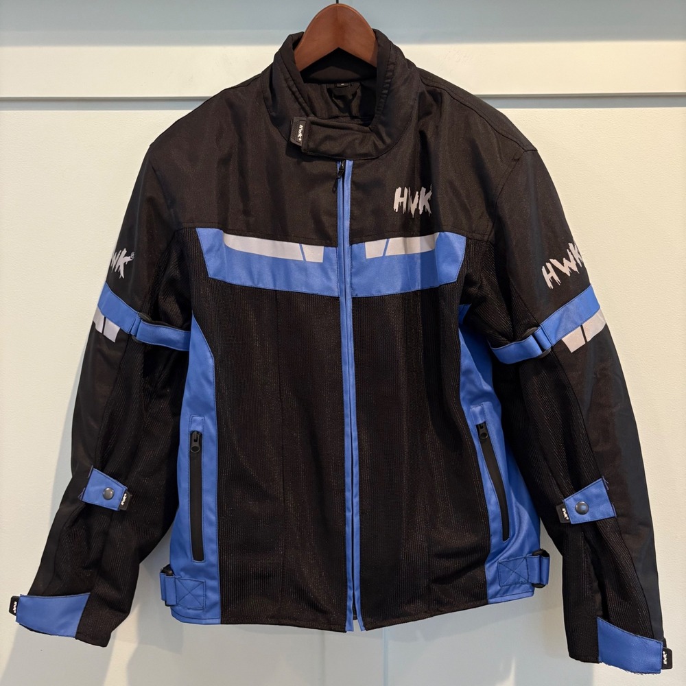 HWK Motorsports Motorcycle Jacket Black Blue Reflective‎ Mesh Armor Mens Small S